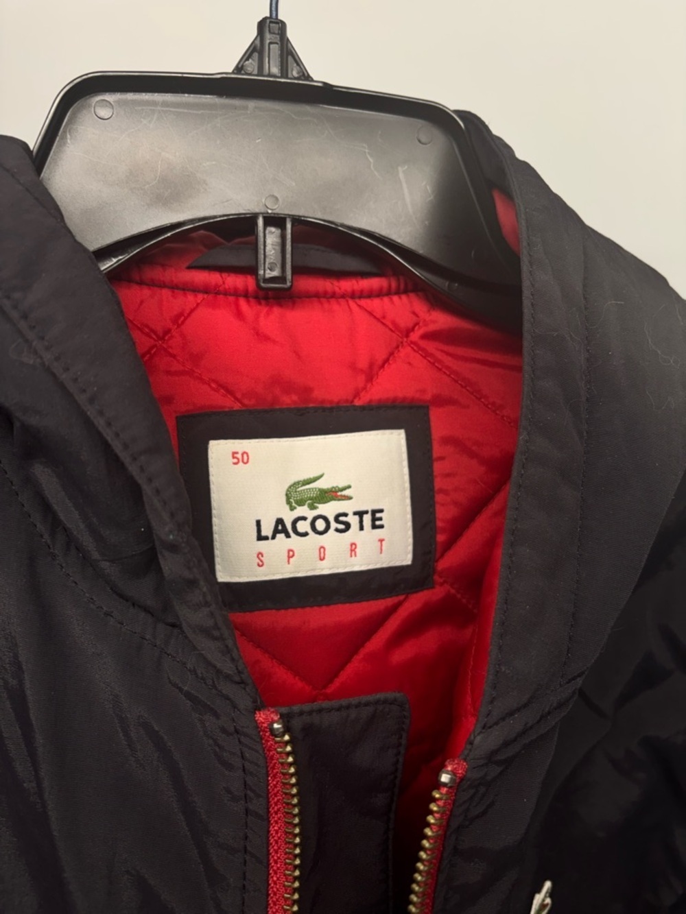 Lacoste Sport Padded Bomber Jacket – Black w/ Red Quilting & Wool Trim men M/L